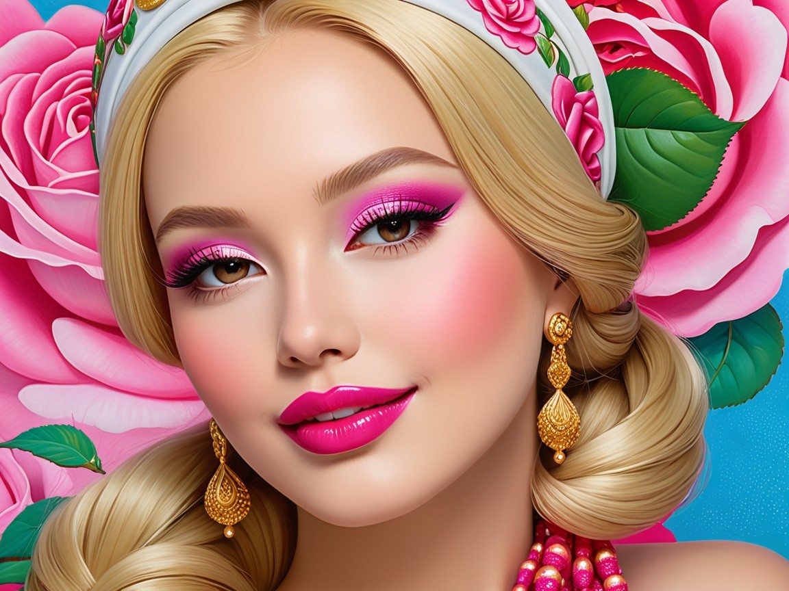 Elegant Young Woman with Floral Background and Makeup