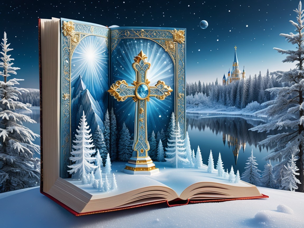 3D Scene of Golden Cross in Winter Landscape