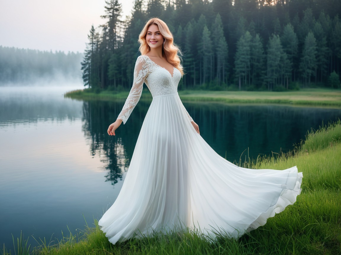 Radiant Woman by Serene Lake in Flowing White Dress