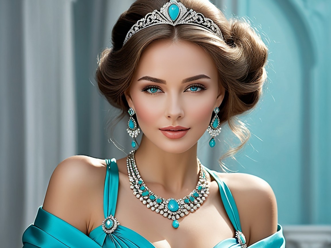 Elegant Woman in Turquoise Jewelry and Gown