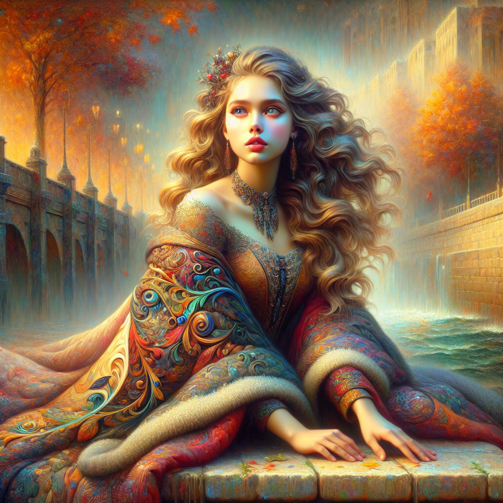 Young woman in gown with autumn riverscape backdrop