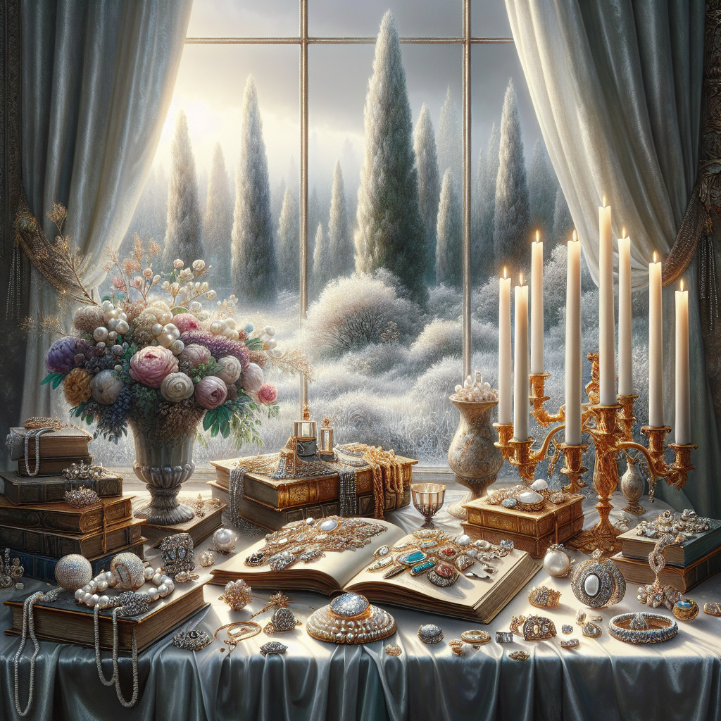 Opulent Jewelry Display with Floral Arrangement and Winter View