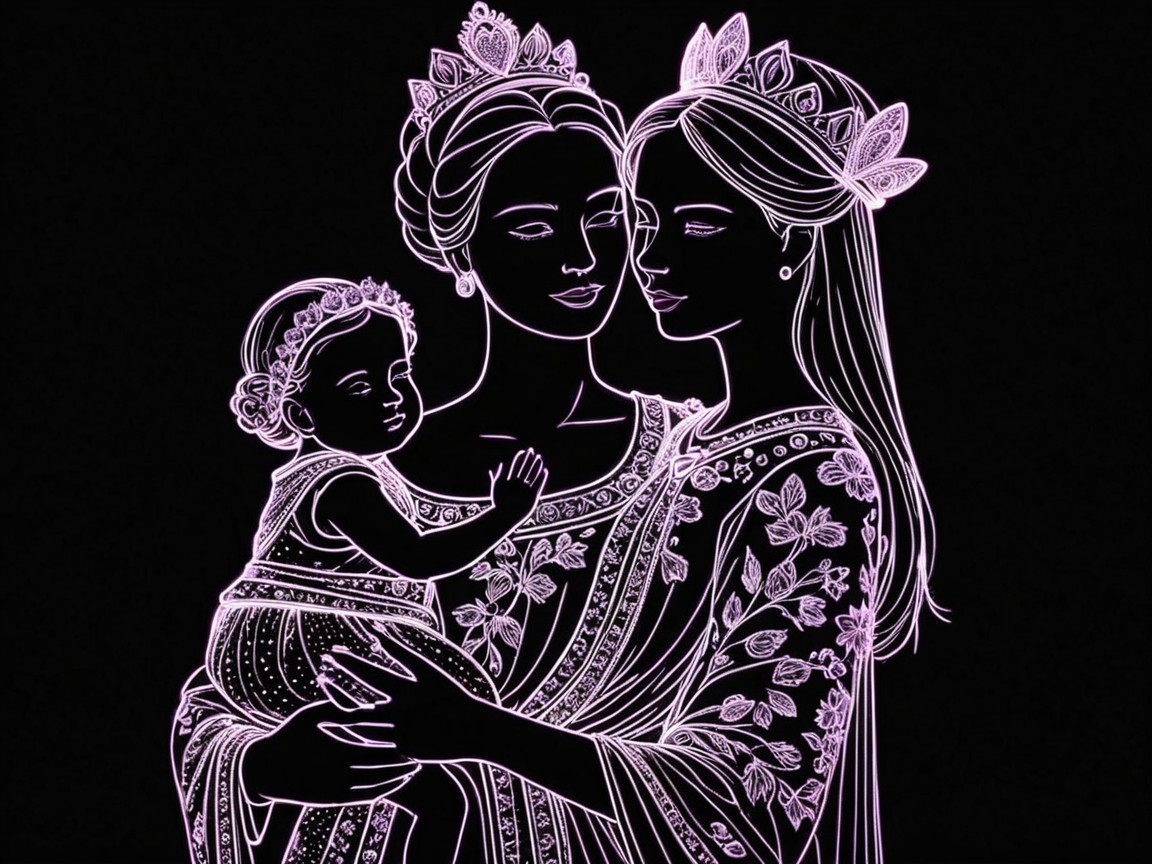 Illustration of Two Women Embracing a Baby in Elegance