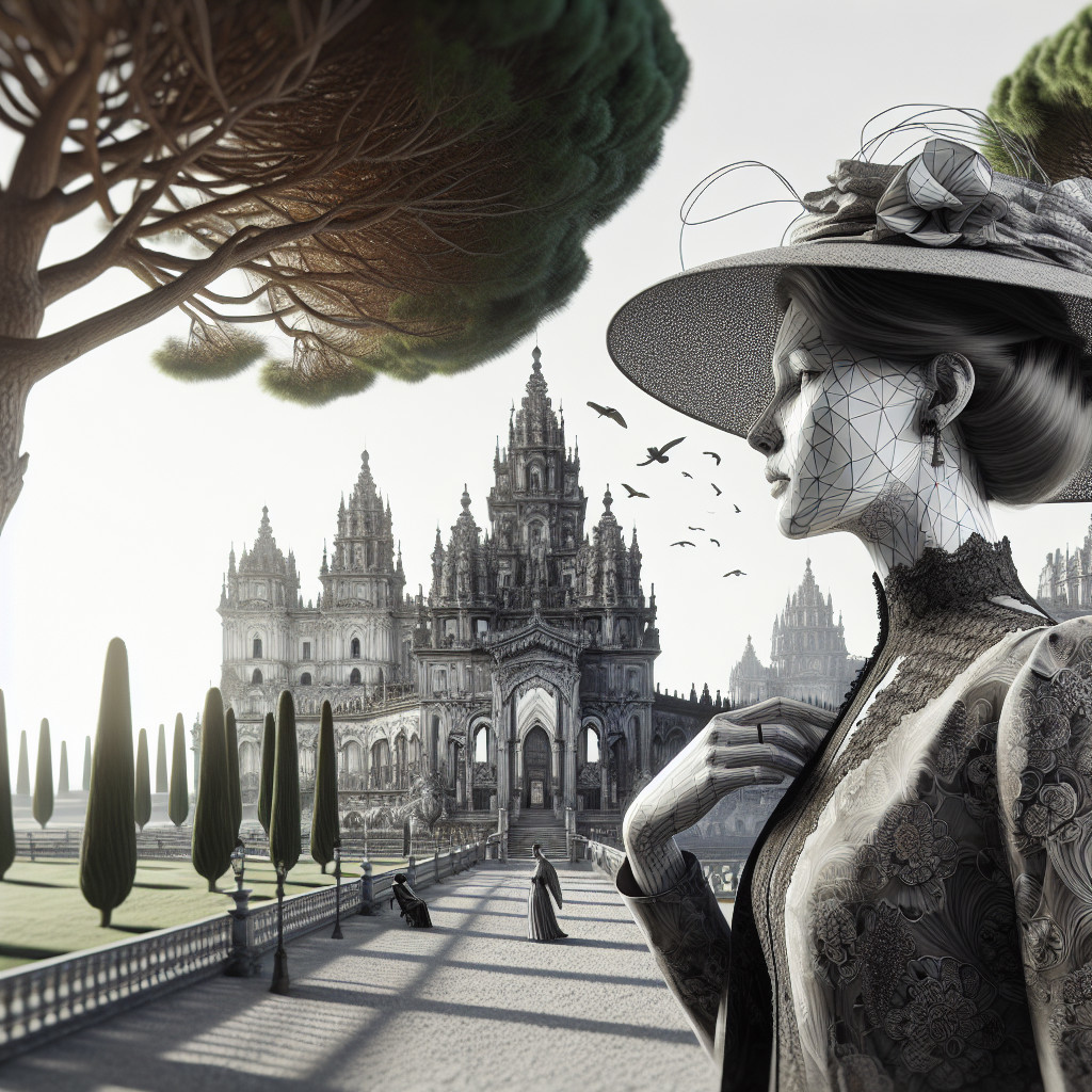 Stylish Woman in Ornate Dress by Grand Castle
