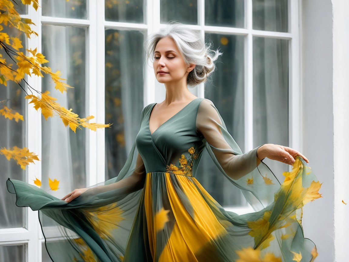 Silver-haired woman in two-toned dress by windows