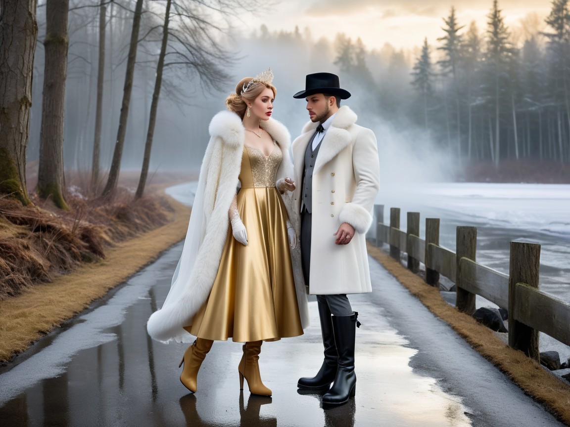 Glamorous Couple by Misty Lake in Elegant Attire