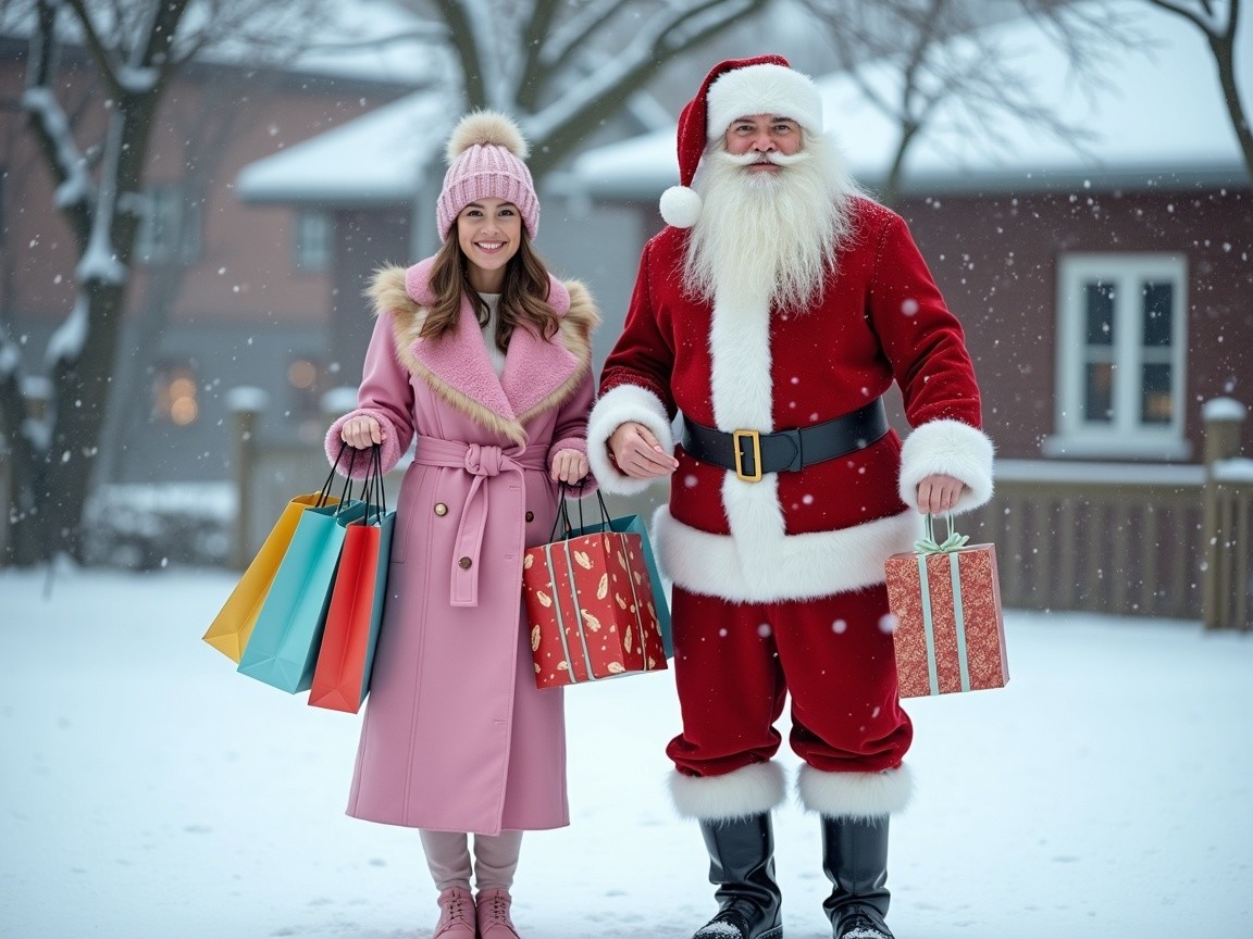 Cheerful Woman and Santa Claus in Snowy Neighborhood