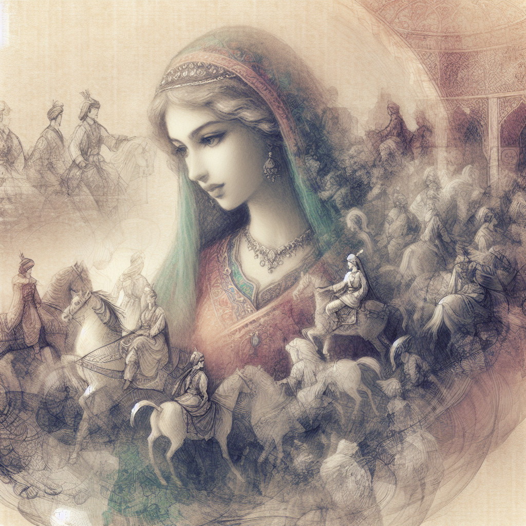 Serene Woman in Traditional Attire with Galloping Horsemen