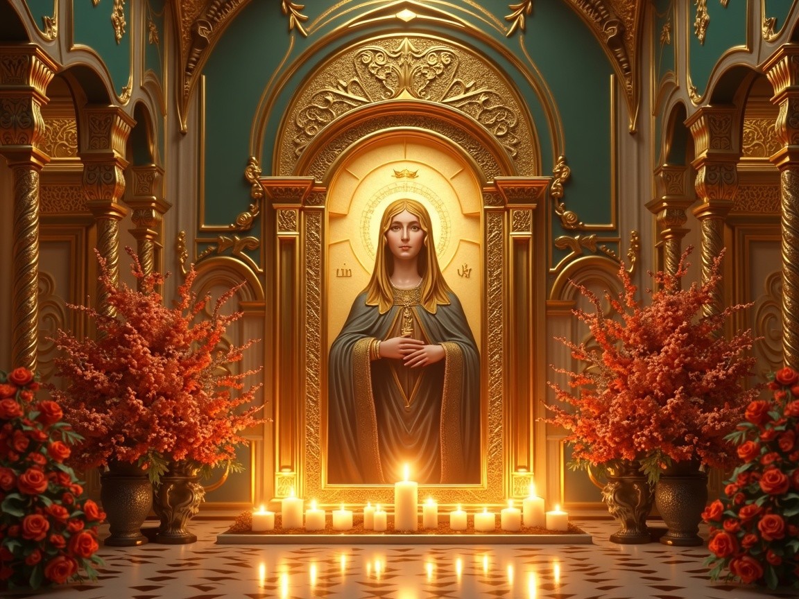 Serene religious altar with golden icon and floral decor