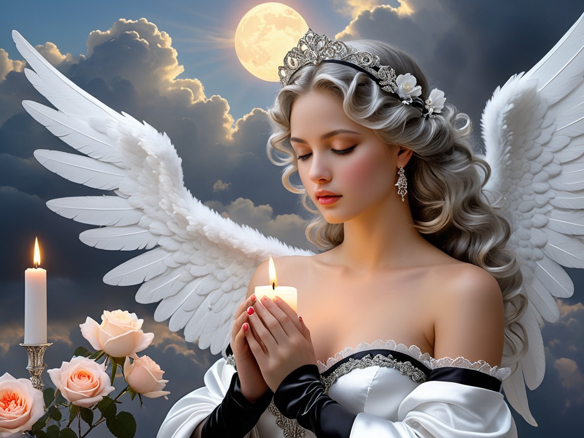 Angelic Figure with Candle Against Moody Sky