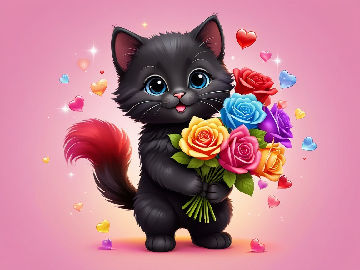 Black Kitten with Roses and Colorful Hearts on Pink