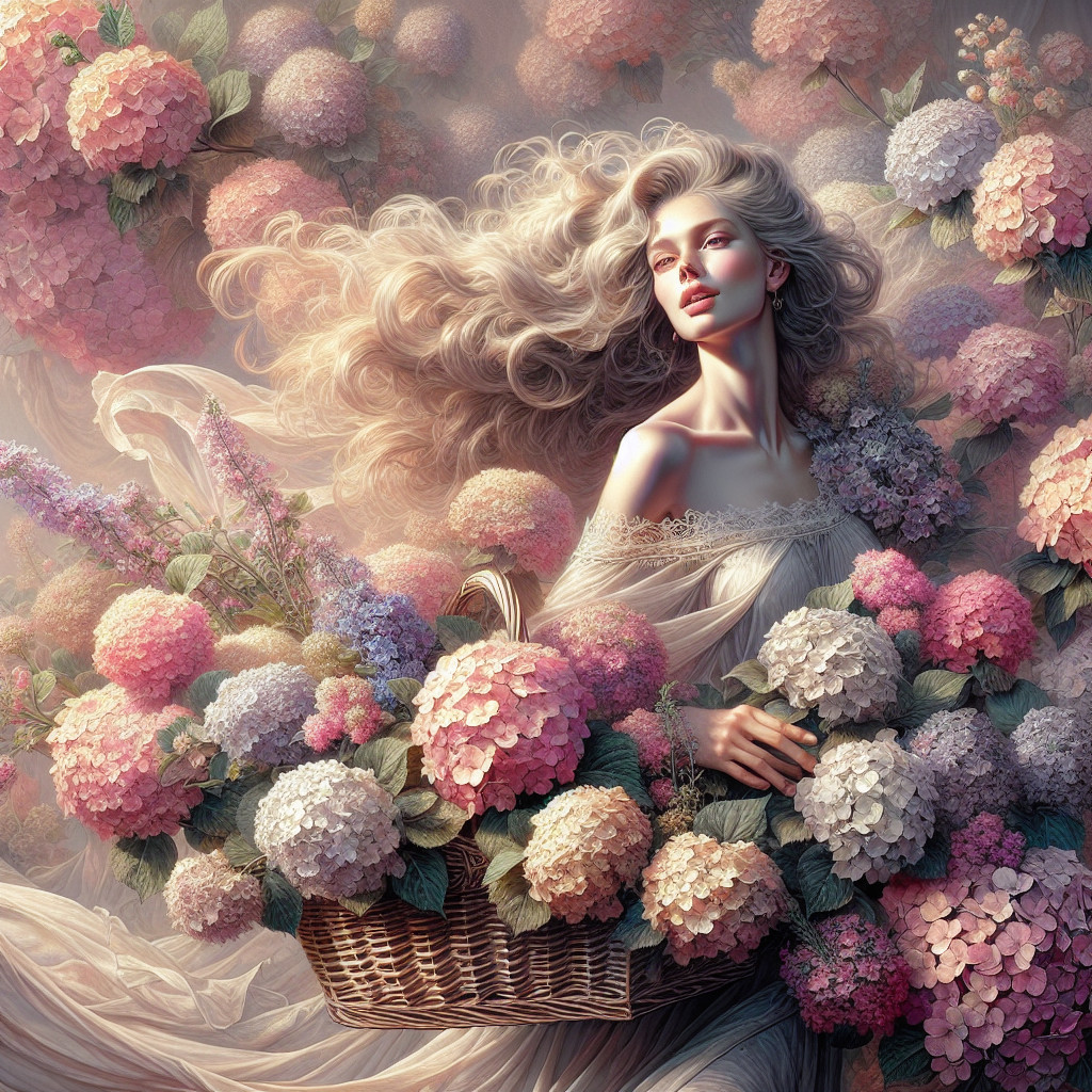 Ethereal Woman Surrounded by Blooming Hydrangeas