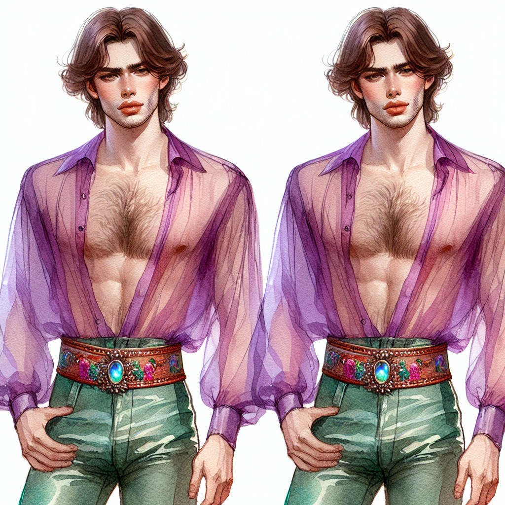 Stylized Male Figures in Sheer Purple Shirts and Belts