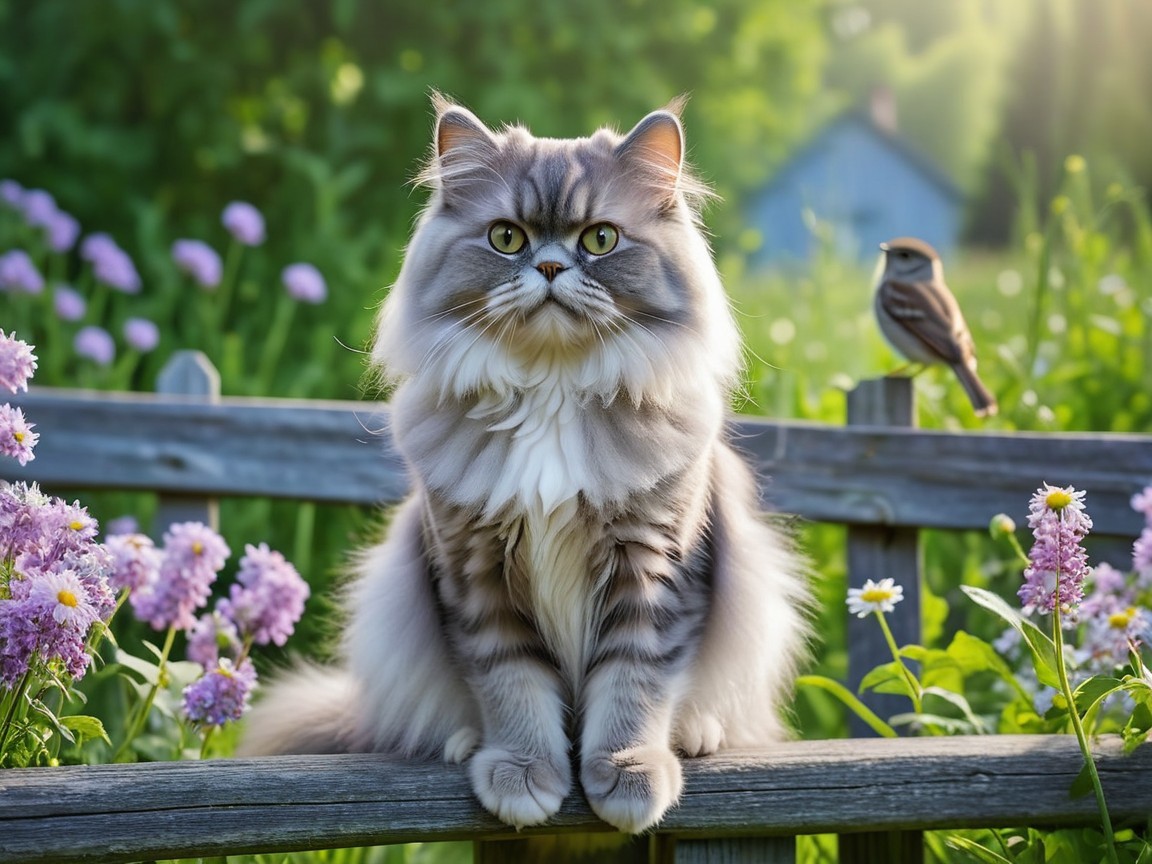 Fluffy Persian Cat on Wooden Fence in Lush Garden
