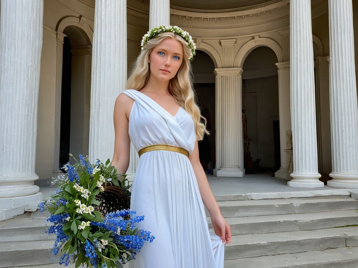 Woman in White Dress with Floral Crown on Steps