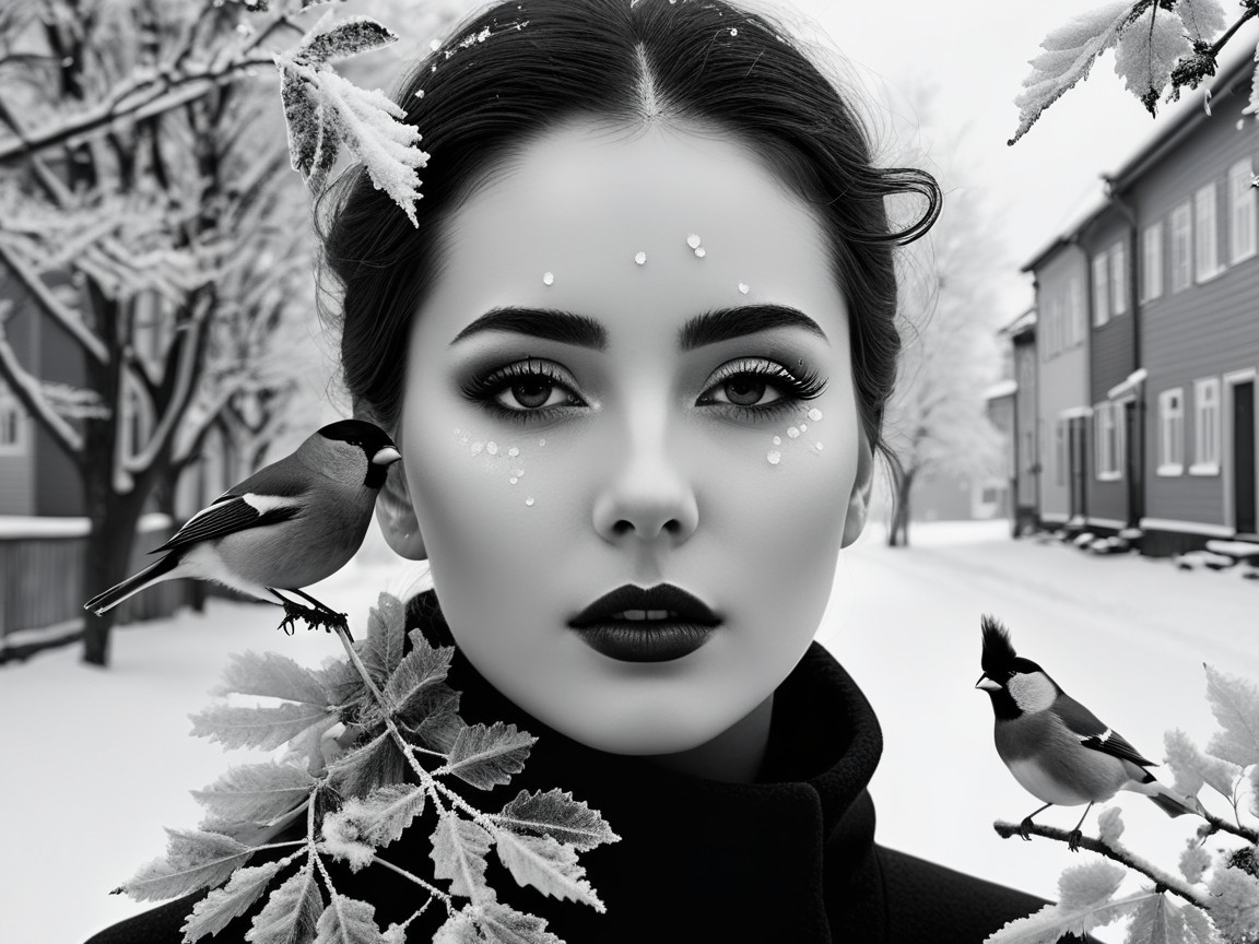 Black-and-white portrait of a woman in winter setting