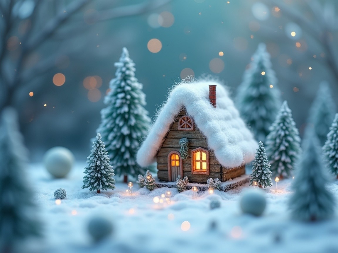 Miniature Wooden House in a Snowy Winter Landscape