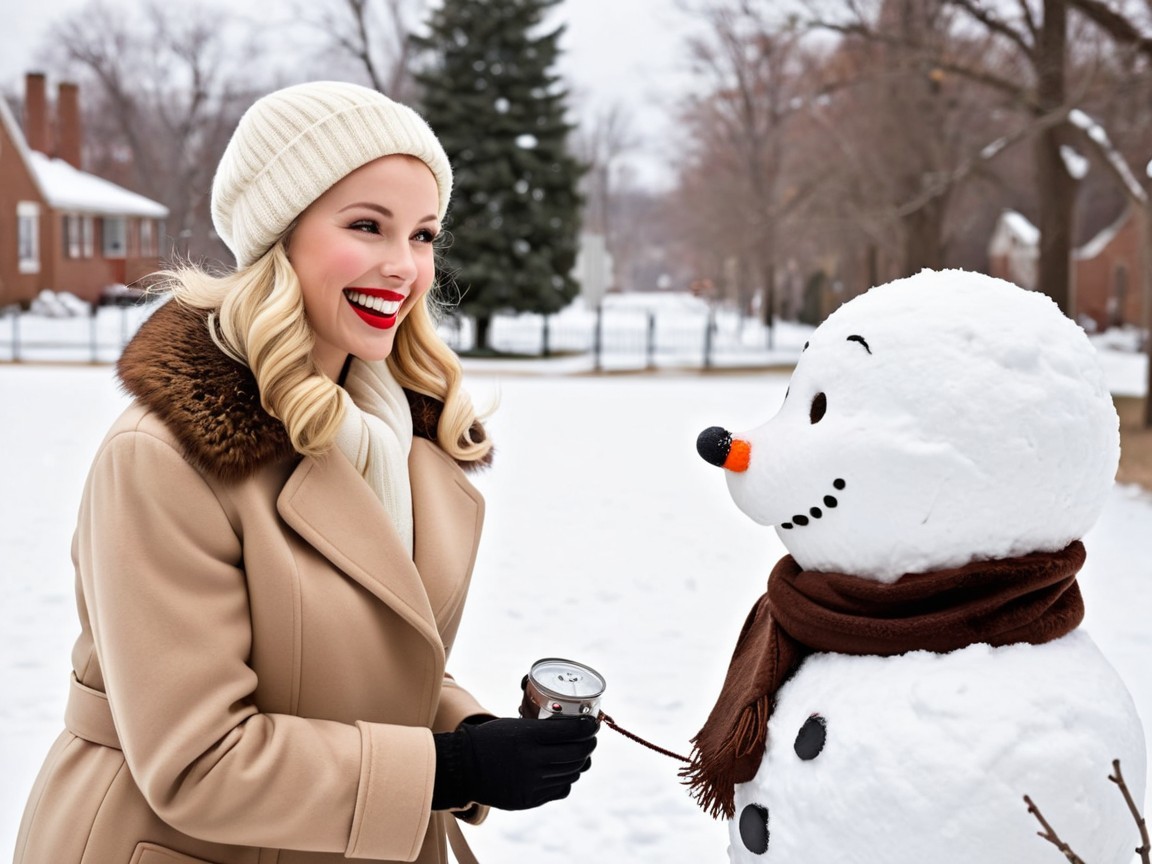 Winter Scene with Woman and Snowman in Snowy Landscape