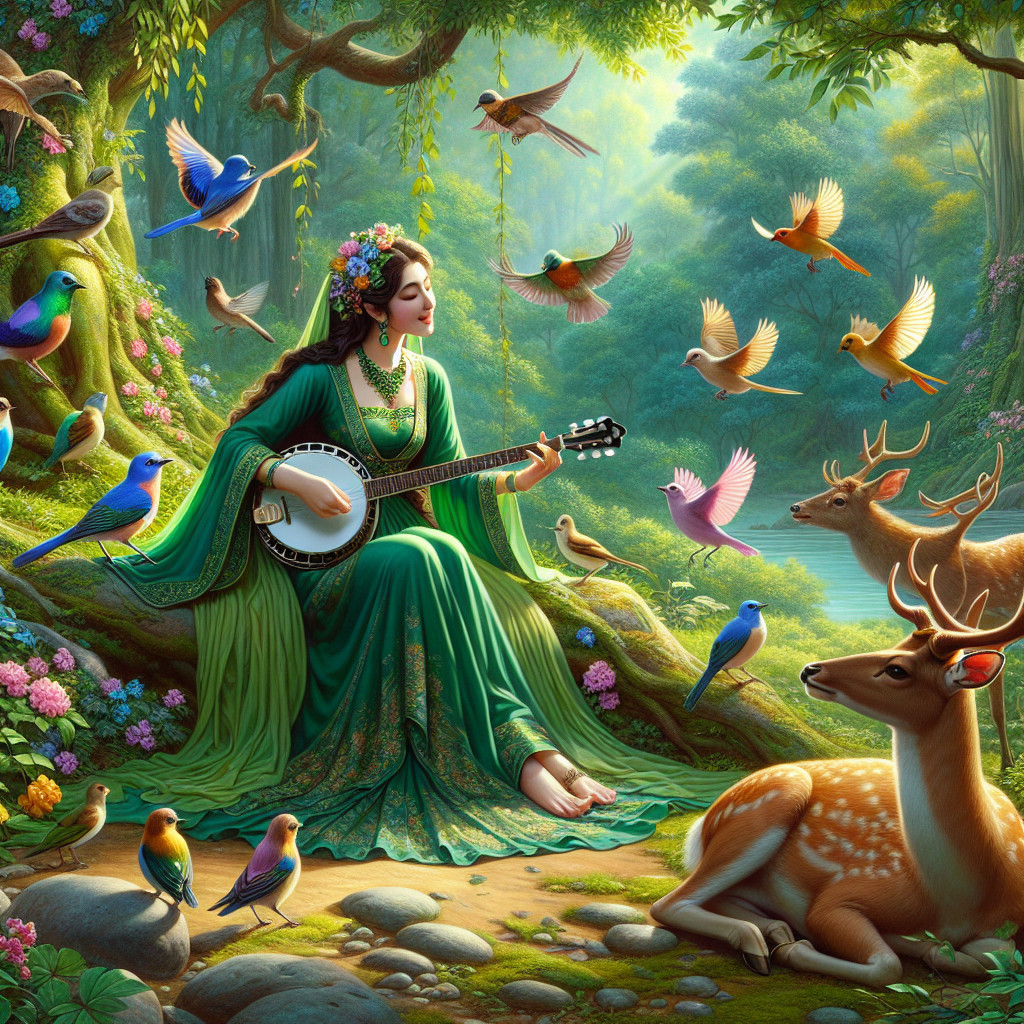 Serene Woman in Green Gown Playing Banjo in Forest