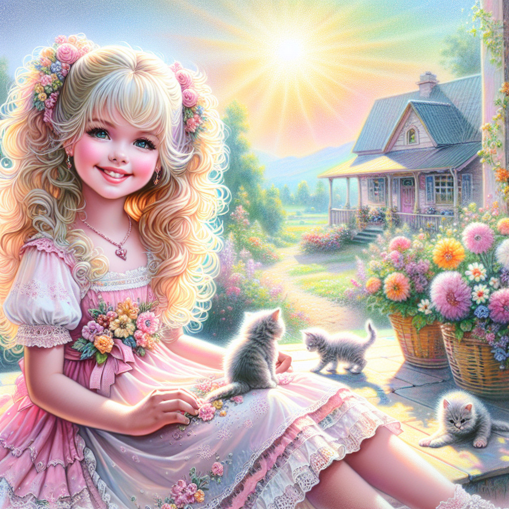 Cheerful girl with kittens in blooming garden setting