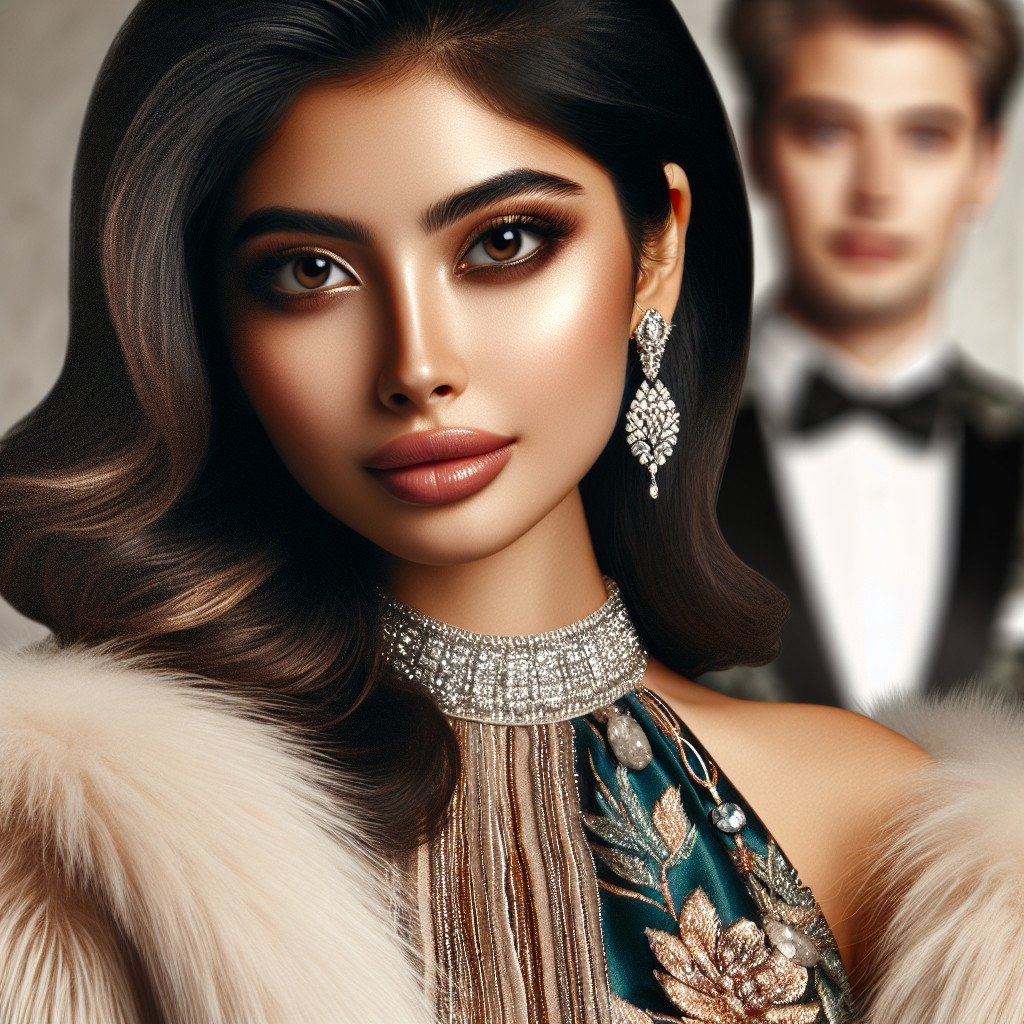 Elegant Woman in Floral Dress with Tuxedo Background