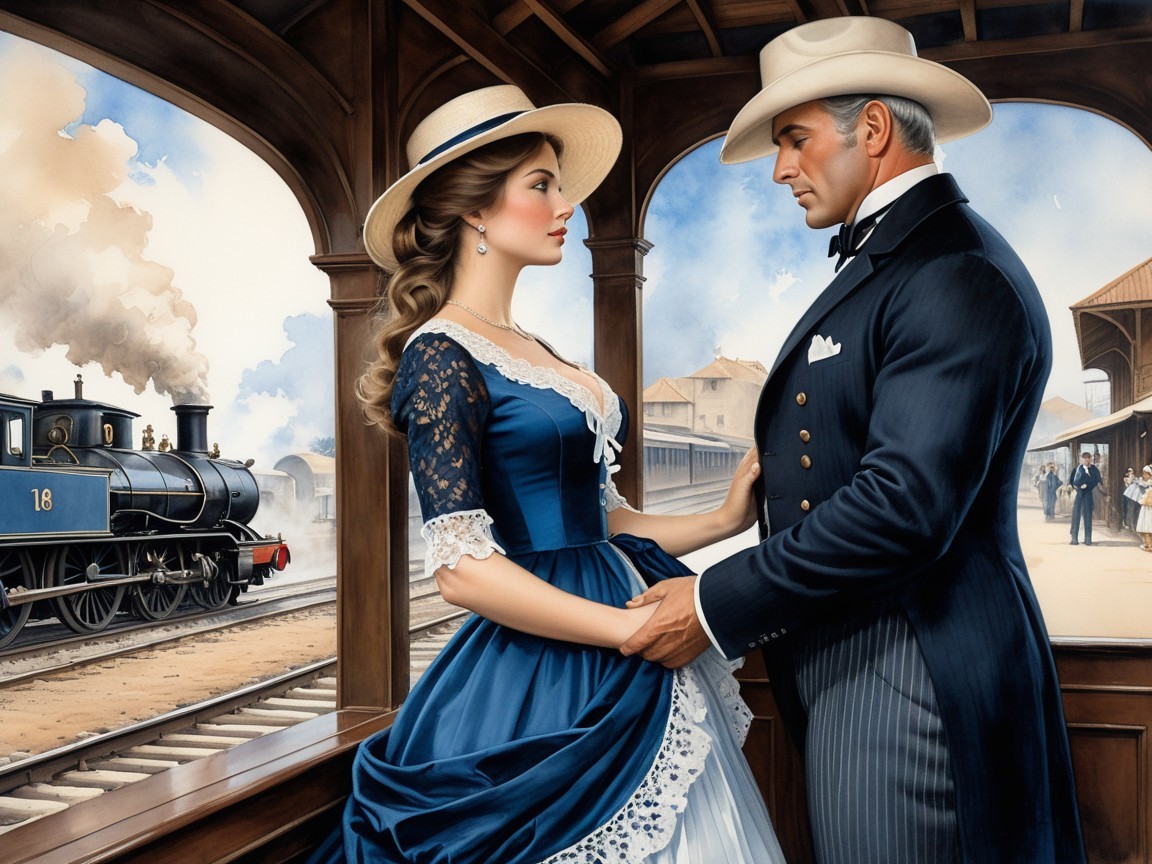 Romantic Vintage Train Station Scene with Couple