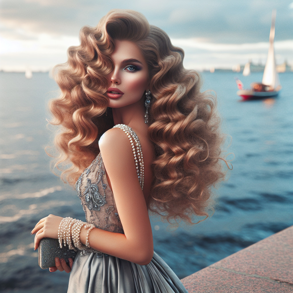 Elegant woman in silver gown by serene water
