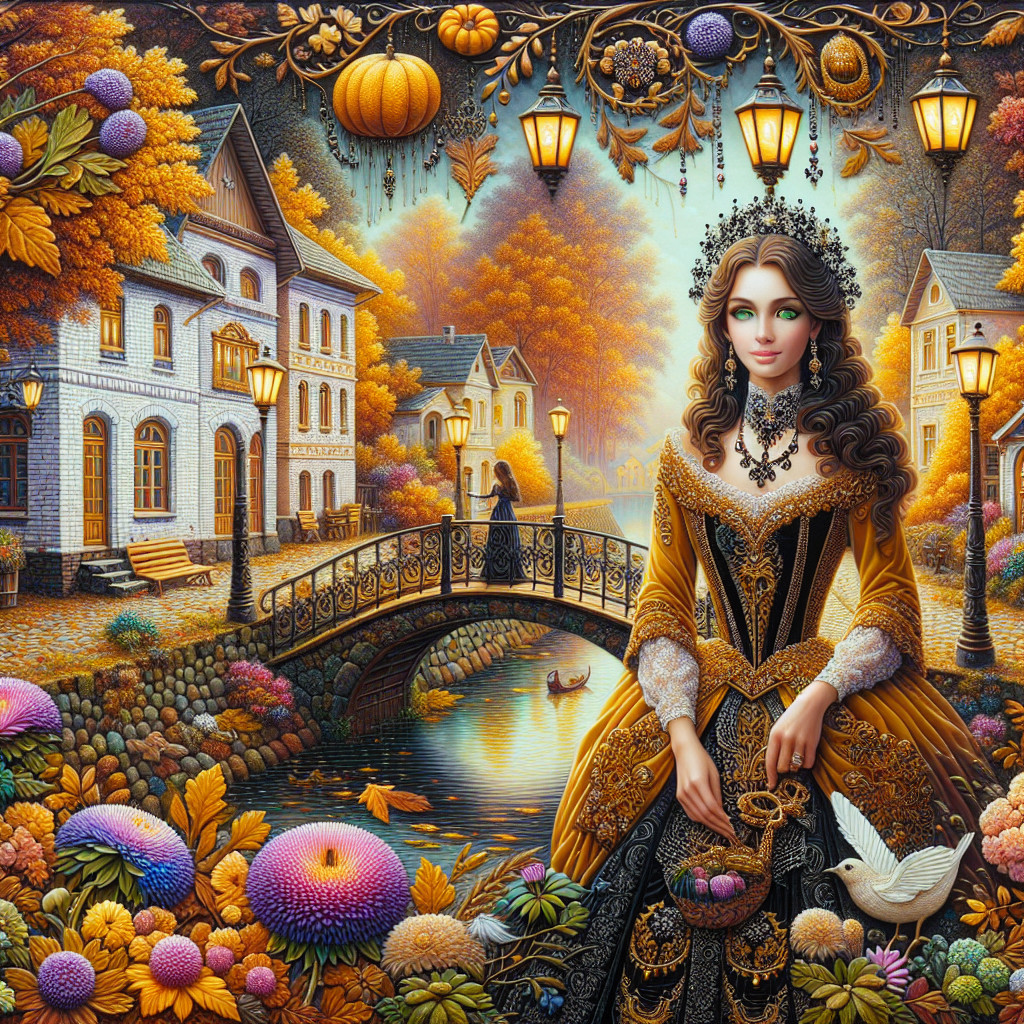 Autumn Scene with Woman in Gold Gown by River
