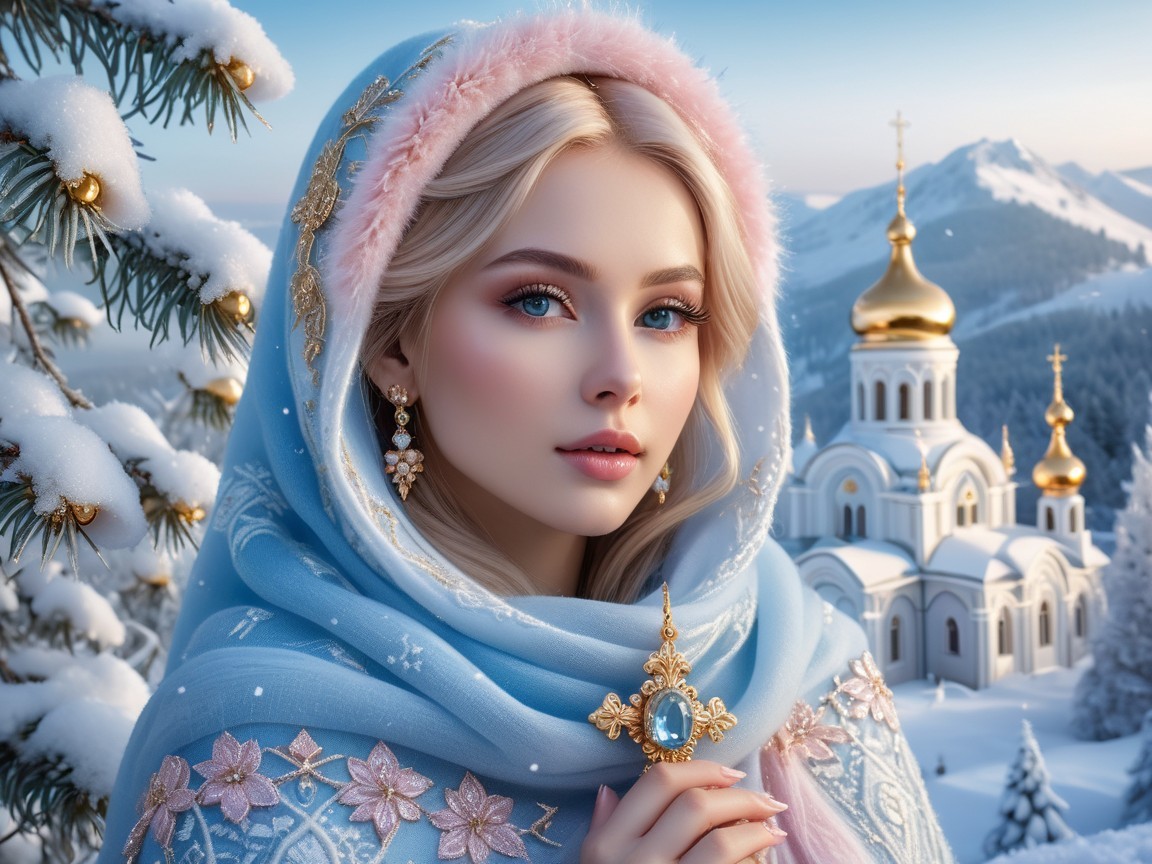 Young woman in blue shawl against winter landscape