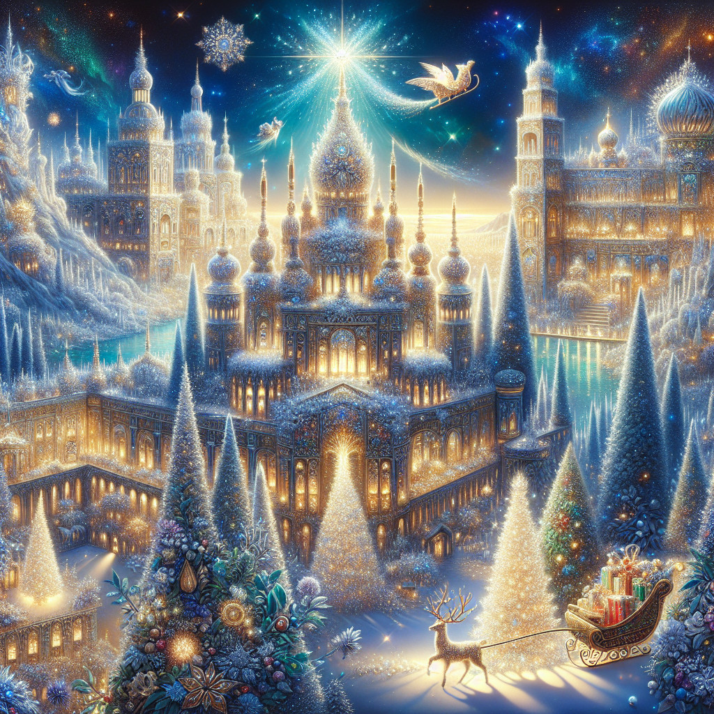 Magical Winter Landscape with Icy Castles and Lights