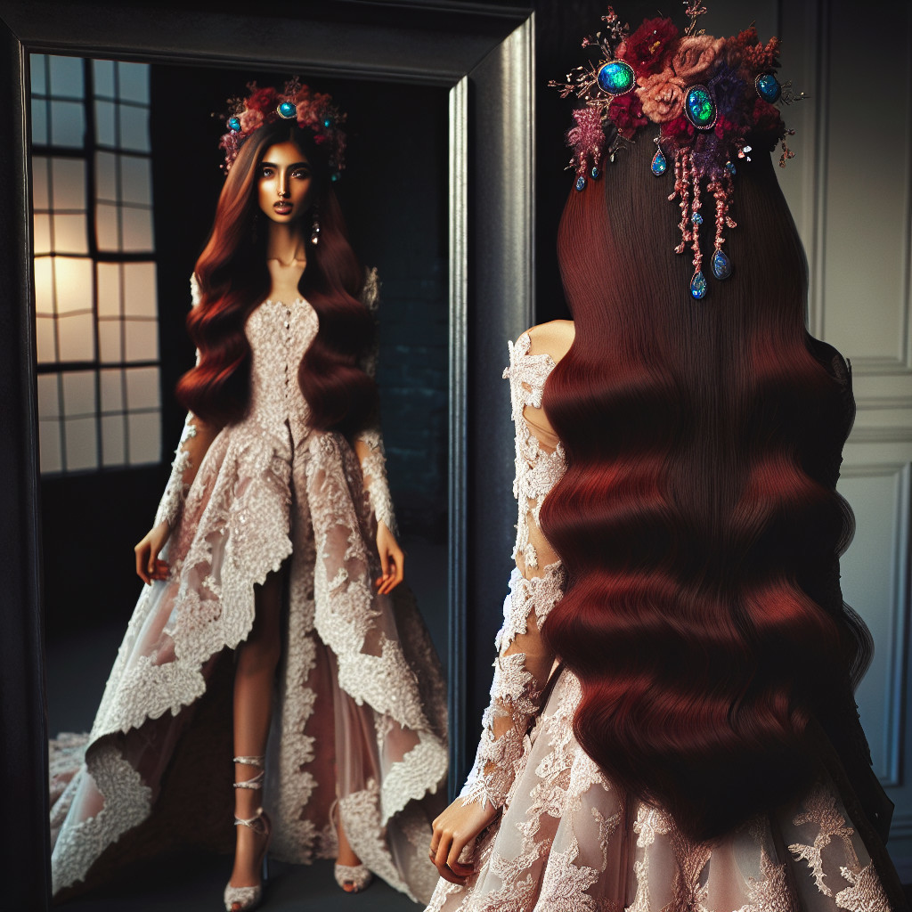 Elegant Gown with Lace Details and Floral Crown