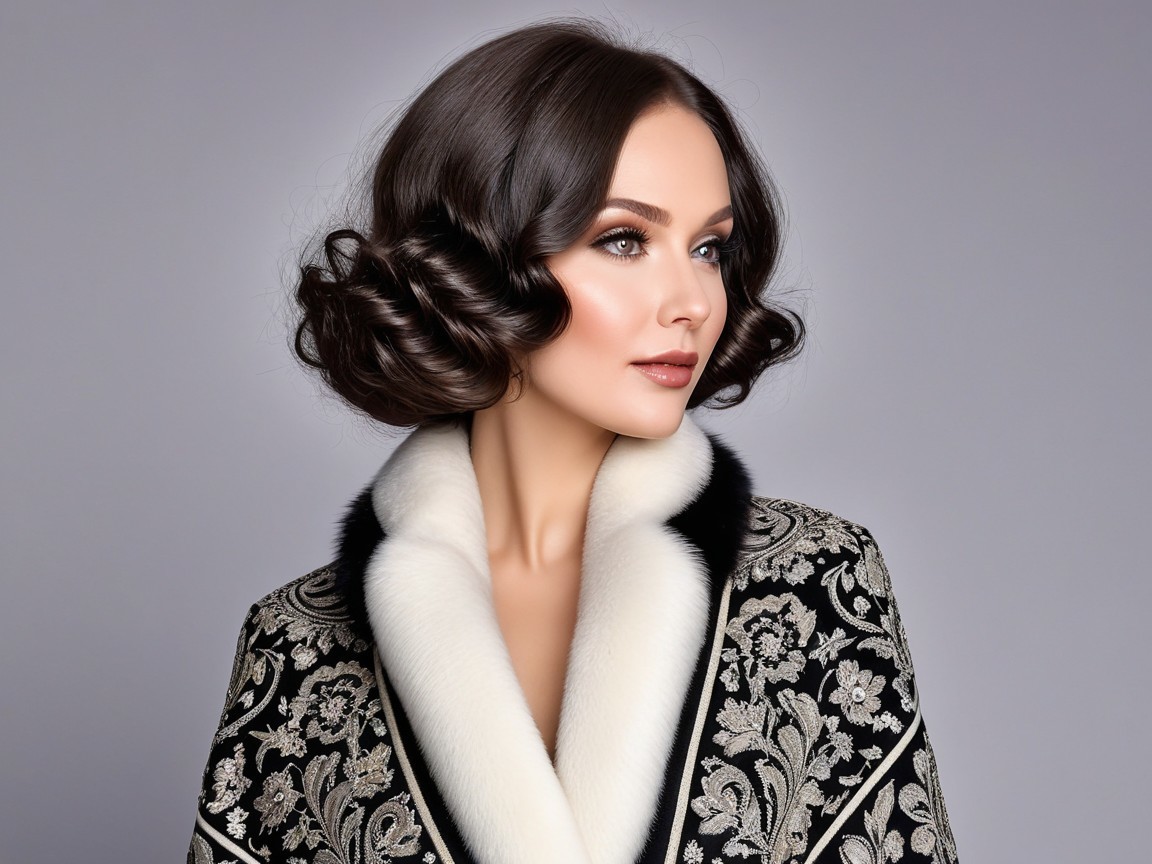 Elegant Woman in Embroidered Black Coat and Curls