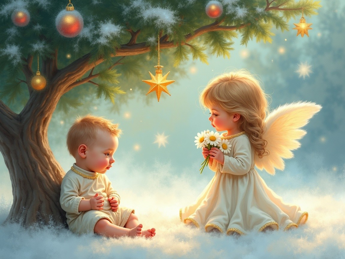 Winter Scene with Cherubic Girl and Baby Boy