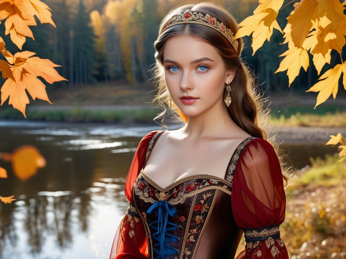 Young woman by serene river in autumn setting