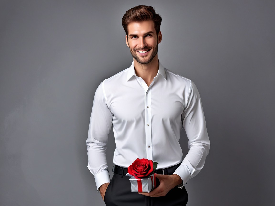 Young man with gift box and rose in soft gray setting