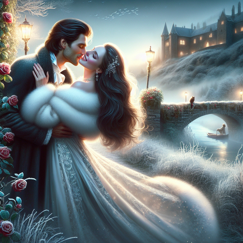 Couple Embracing Under Street Lamp in Winter Scene