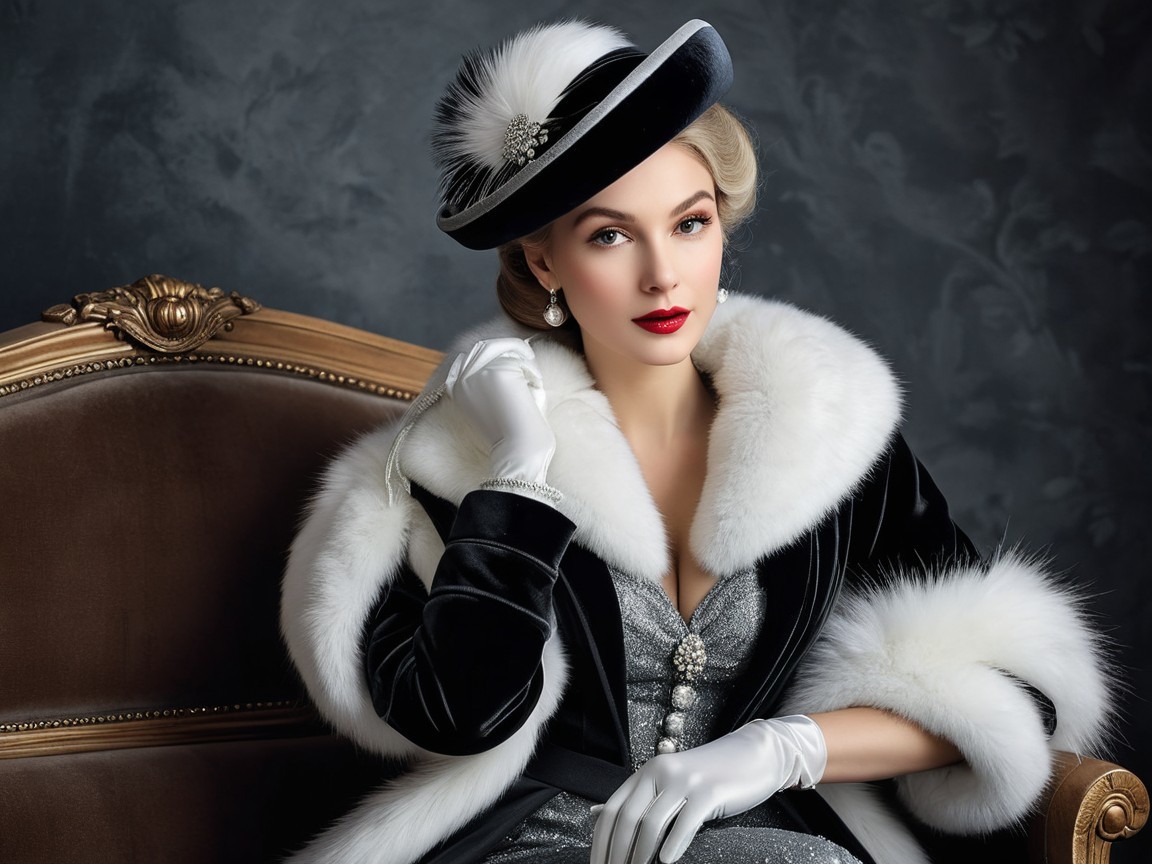 Elegant Woman in Black Velvet Gown and Accessories