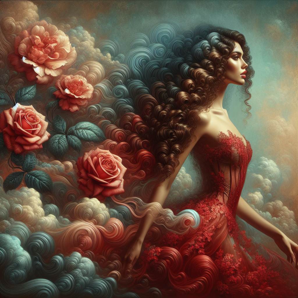 Ethereal Woman in Lace Dress Surrounded by Roses