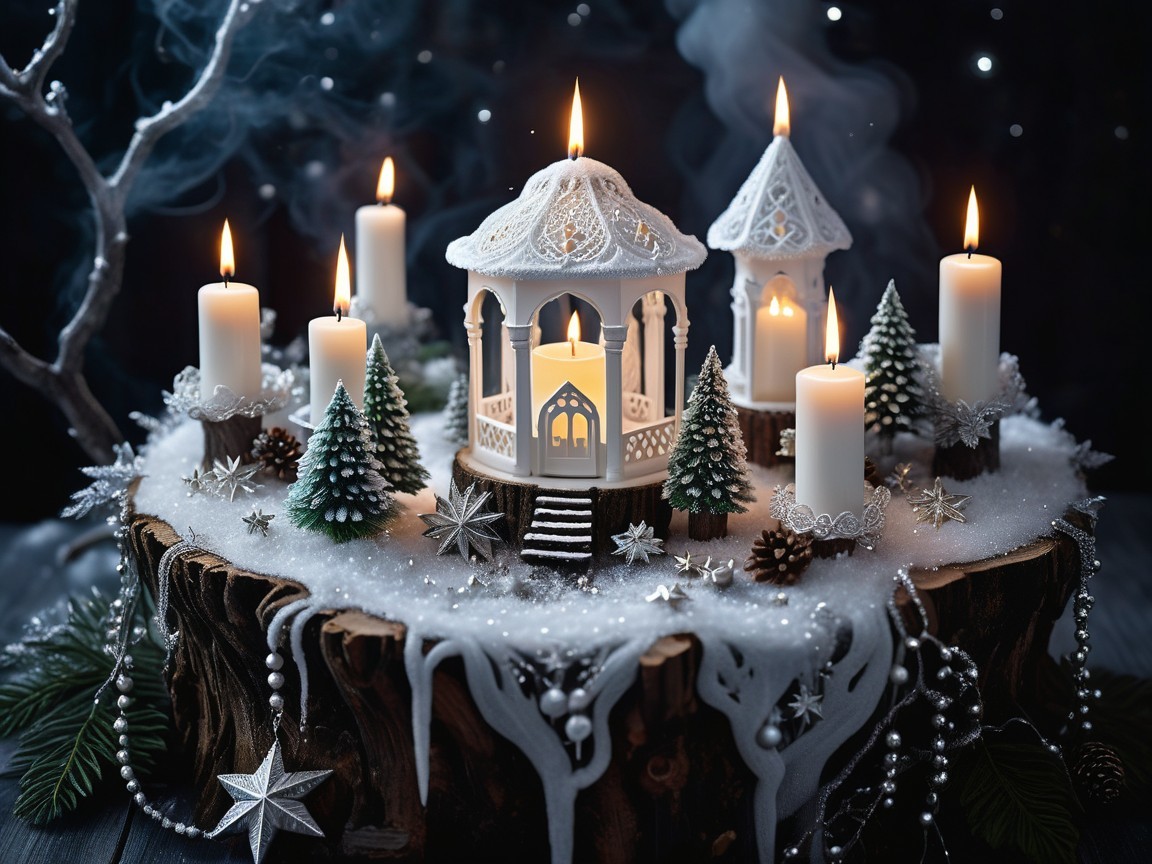 Winter Scene with Gazebo and Candlelit Atmosphere