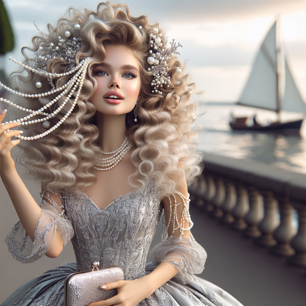 Glamorous Woman in Silver Gown by Waterfront