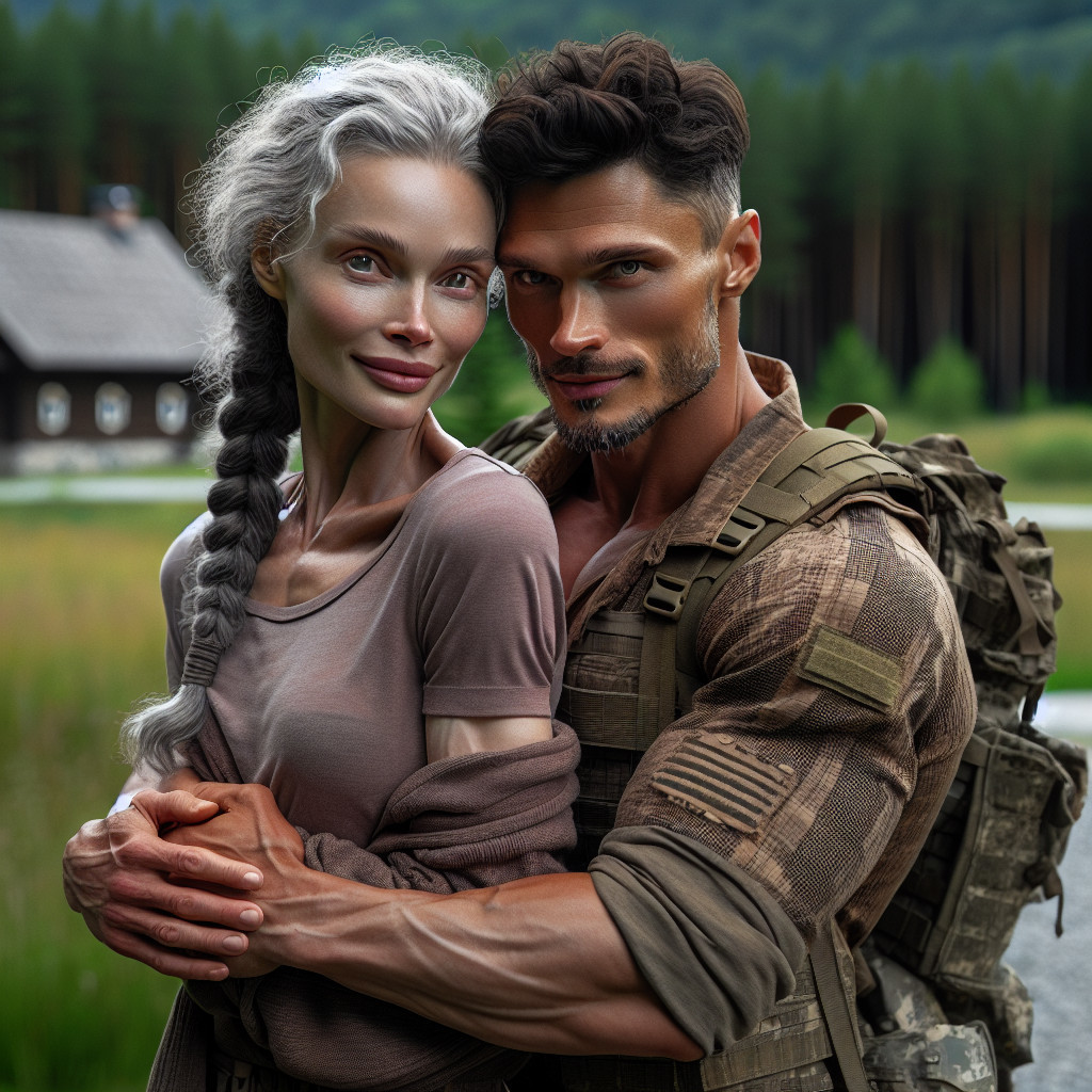 Soldier and Woman in Nature with Rustic Cabin Background