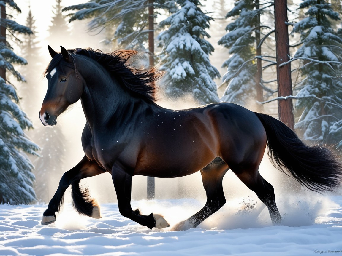 Majestic Horse Galloping in Snowy Forest Scene