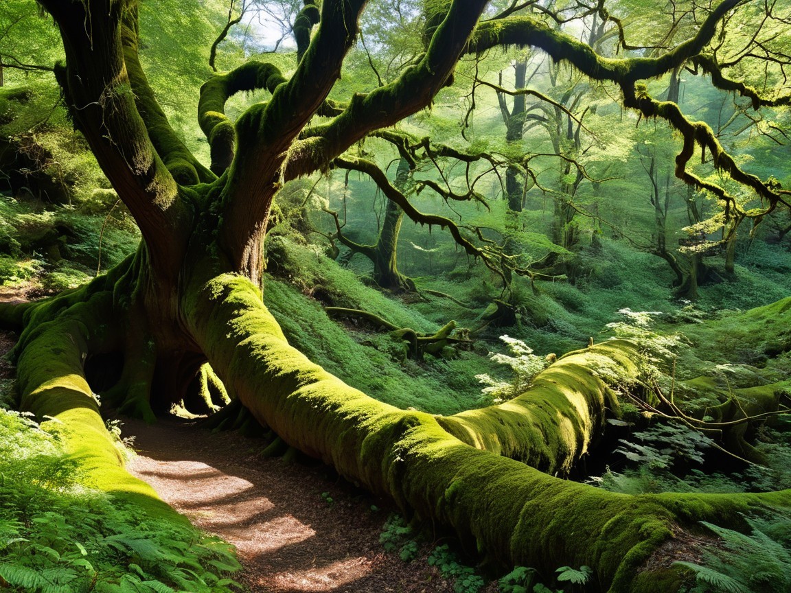 Majestic Tree in Serene Forest with Vibrant Moss