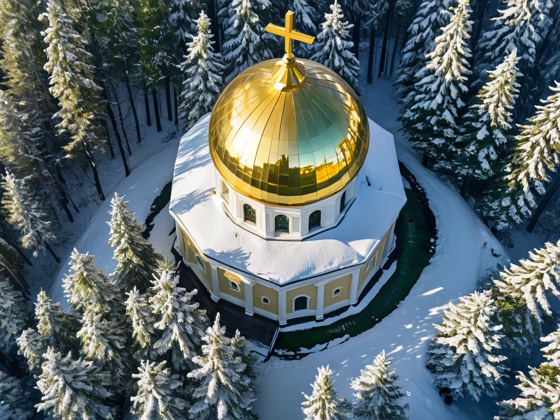 Golden-Domed Church Surrounded by Winter Landscape