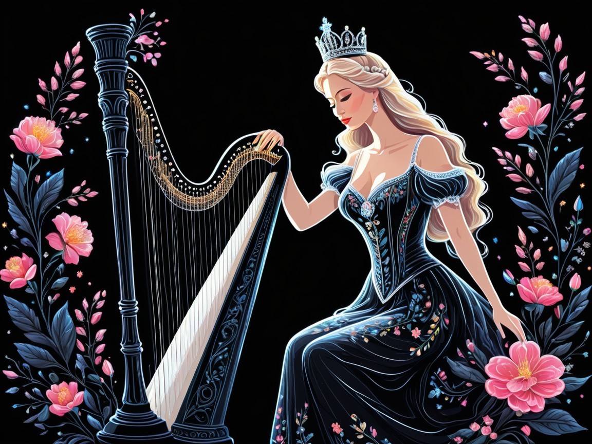 Elegant Woman with Harp and Floral Accents