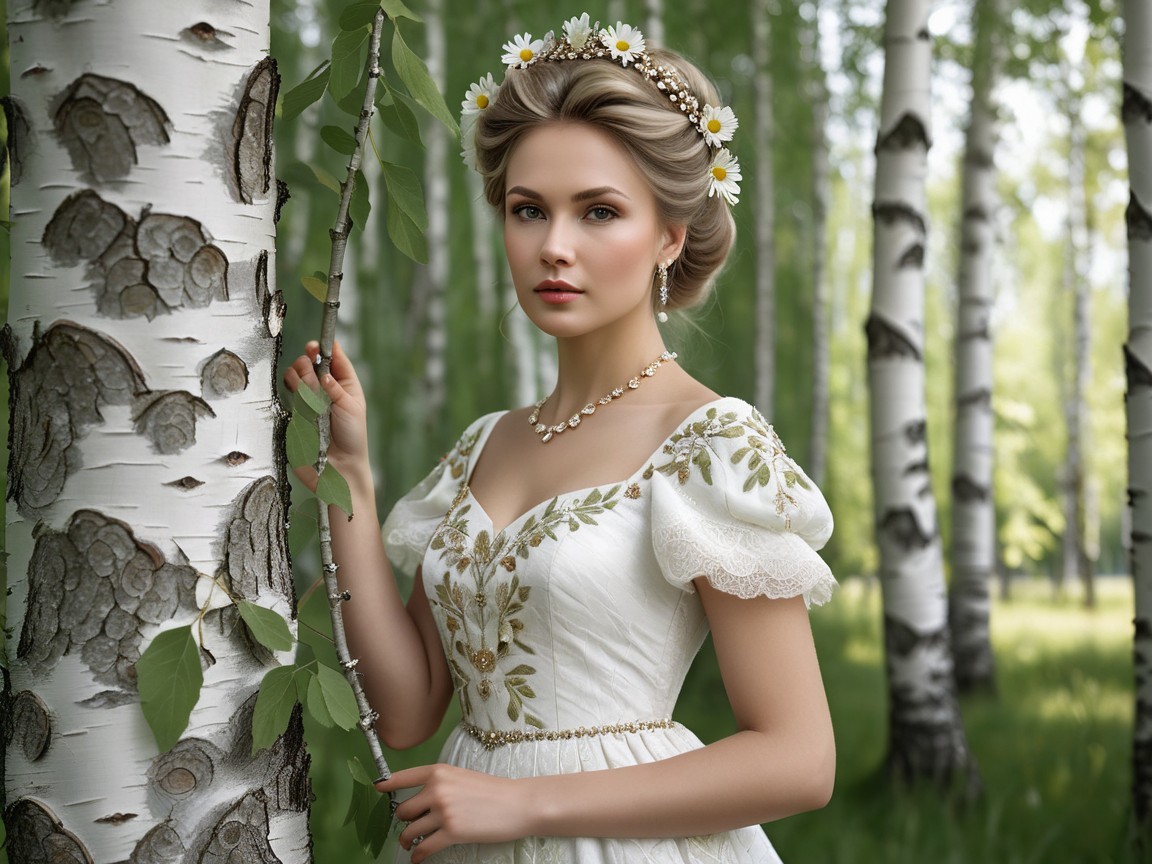 Bride in Elegant Dress Among Birch Trees and Sunlight