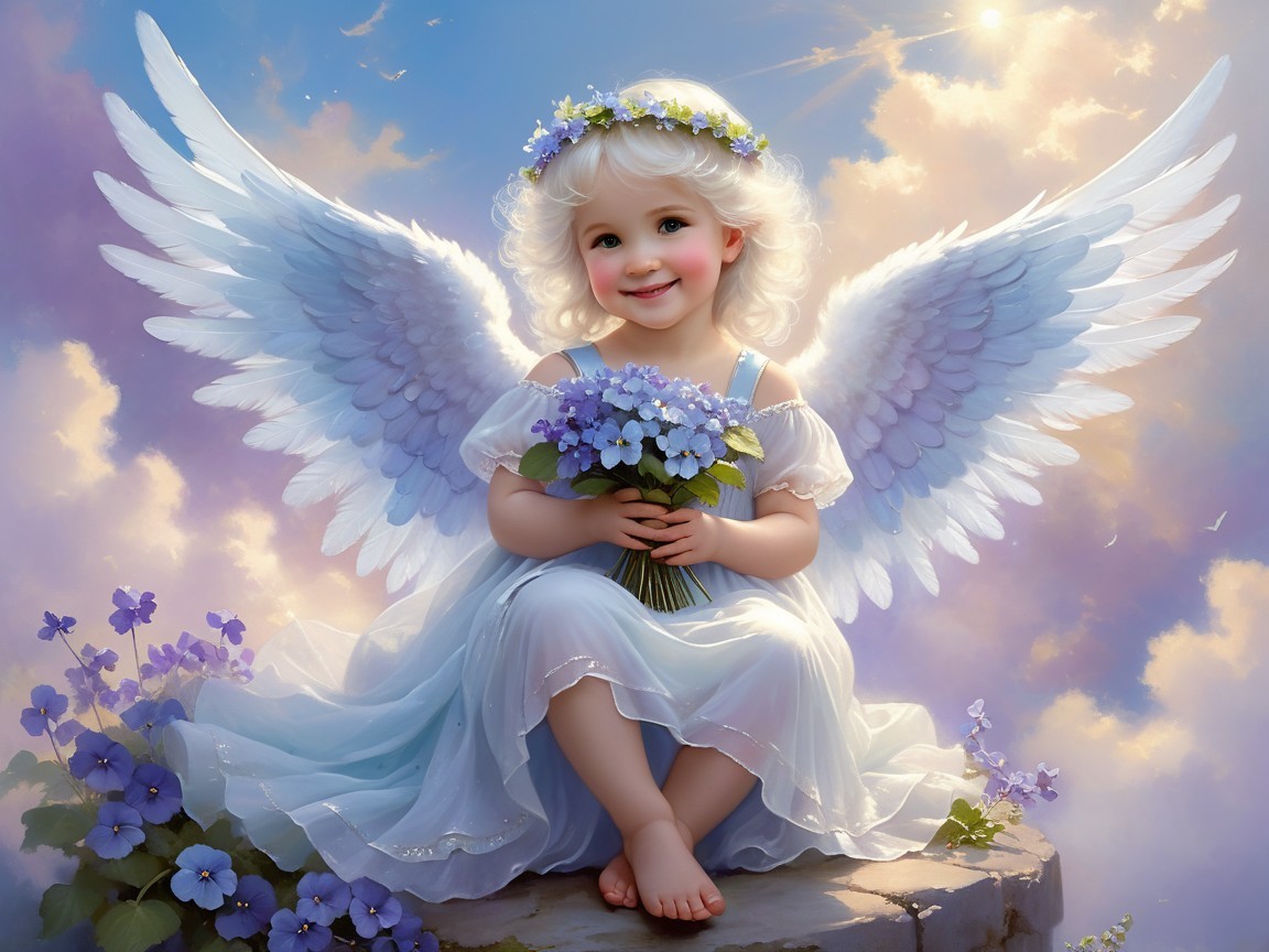 Charming Angel with Flowers in Pastel Sky Setting
