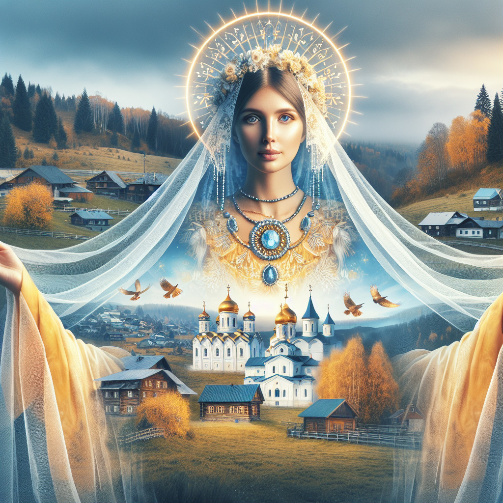 Serene Woman in Floral Crown Amidst Idyllic Village