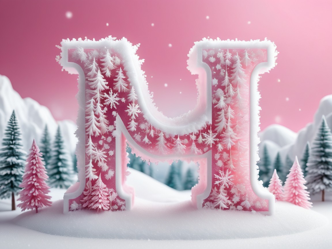 Frosty Letter M with Snowflakes and Pink Hues