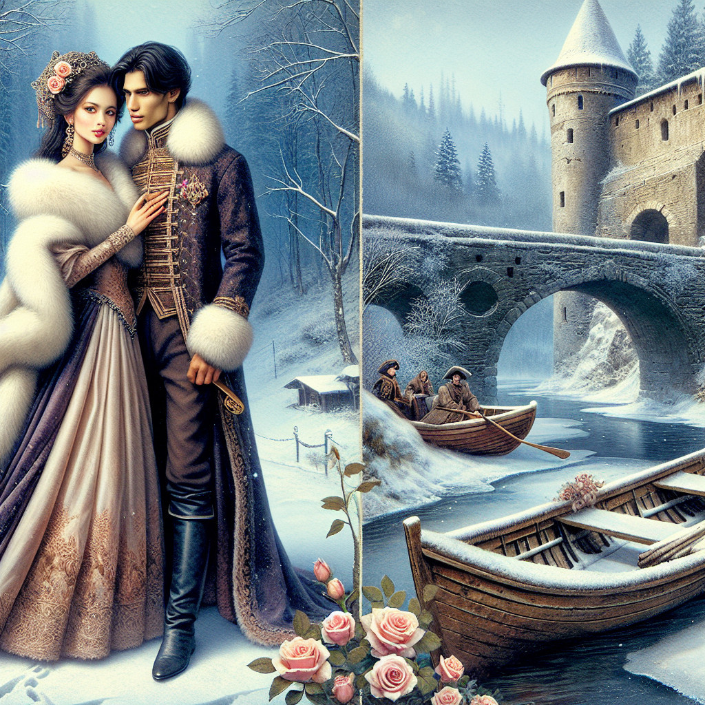 Whimsical Winter Landscape with Elegant Couple and Castle
